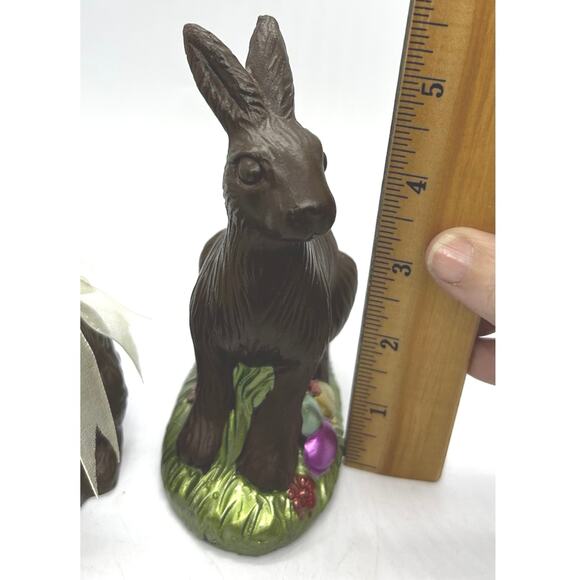 Chocolate Faux Easter Bunny Rabbits Resin Figures Spring Yellow Bow 2 Pair - Picture 5 of 7
